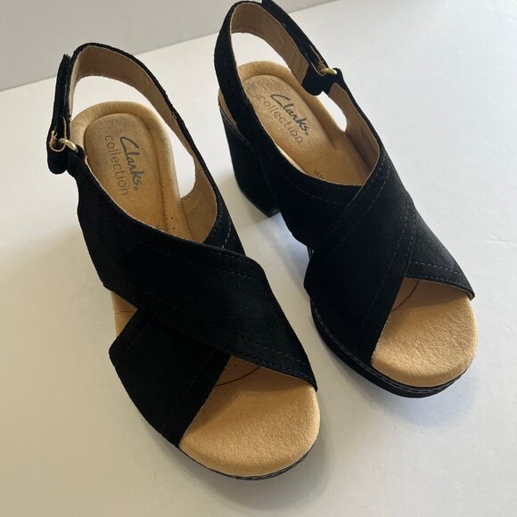 Clarks Comfort Giselle Cove Platform Wedge Suede Slingback Sandal in Blk/Blk 6 - Picture 10 of 16